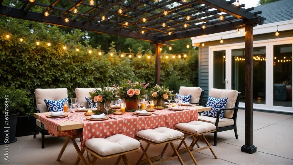 Obraz premium Serene outdoor dining setup under a pergola, warmly lit with decorative string lights at dusk.