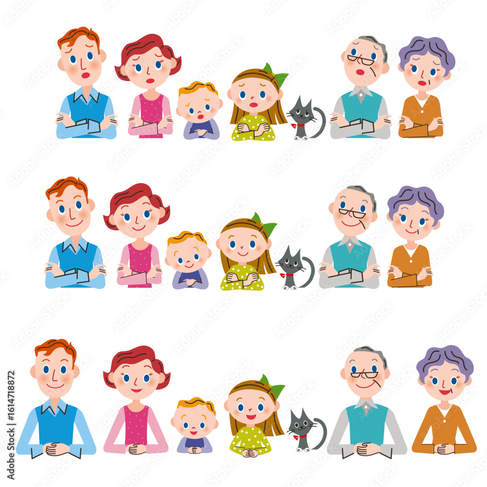 三世代家族が上半身で顔で色々な表情をしているイラスト 三世代家族が上半身で顔で色々な表情をしているイラスト