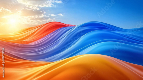Abstract flowing waves of vibrant orange, red, and blue colors under a bright sky with sun and clouds.