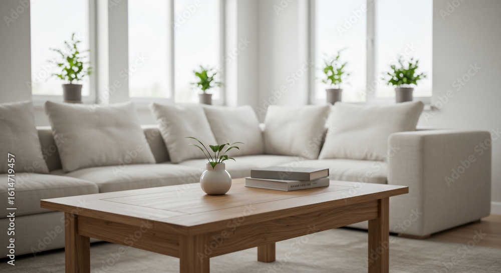Fototapeta premium Serene Living Room Interior: Minimalist Design with Natural Light and Plants
