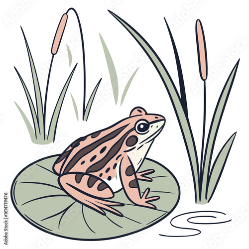 Cute amphibian cartoon illustration of a frog on a leaf near a pond with water, insects, and other wildlife