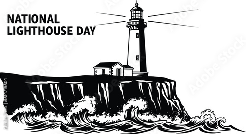 A black and vector illustration for national lighthouse day featuring a lighthouse a cliff overlooking the sea