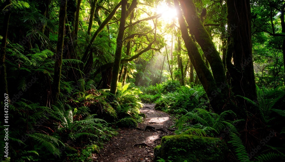 Fototapeta premium Sunlight filters through a lush tropical forest path