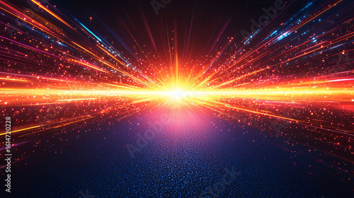 Abstract digital art with vibrant radiating light beams and particles.