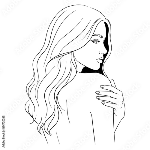 Black and white line art of a woman with long wavy hair touching her shoulder female portrait