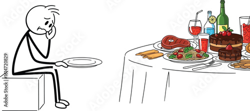 Sad stick figure with empty plate near abundant food table
