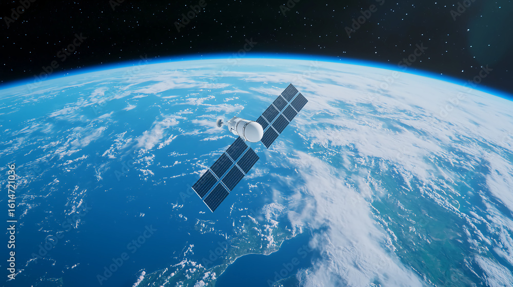 Fototapeta premium A satellite orbits Earth above the clouds, set against the backdrop of space and stars.