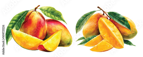 Mango Vector Illustration: Realistic Tropical Fruit Artwork with Slices and Leaves, Ideal for Juice Packaging, Food Design, and Exotic Fruit Concepts