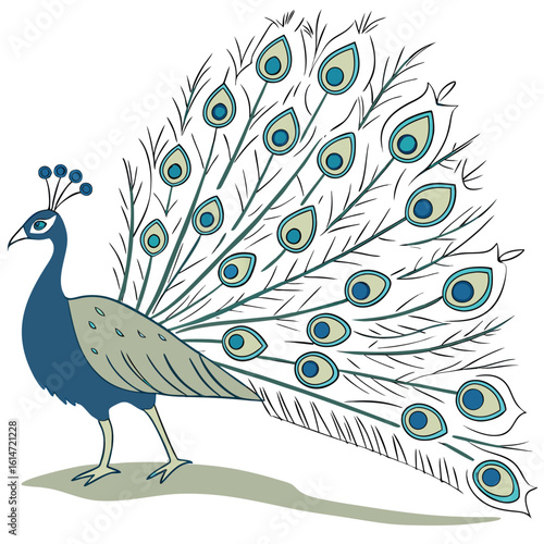 A majestic blue and green peacock with colorful plumage displaying its impressive tail on a white background