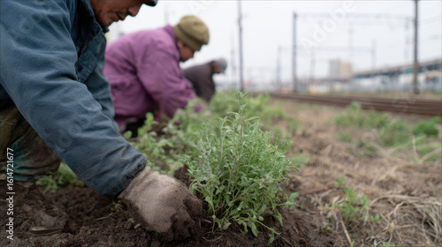 Volunteers planting greenery along railway tracks in documentary style