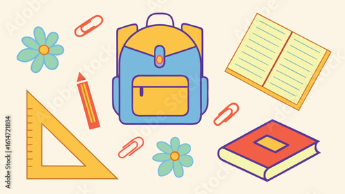 Blue yellow backpack red book triangle ruler pencil flowers paperclips school supplies