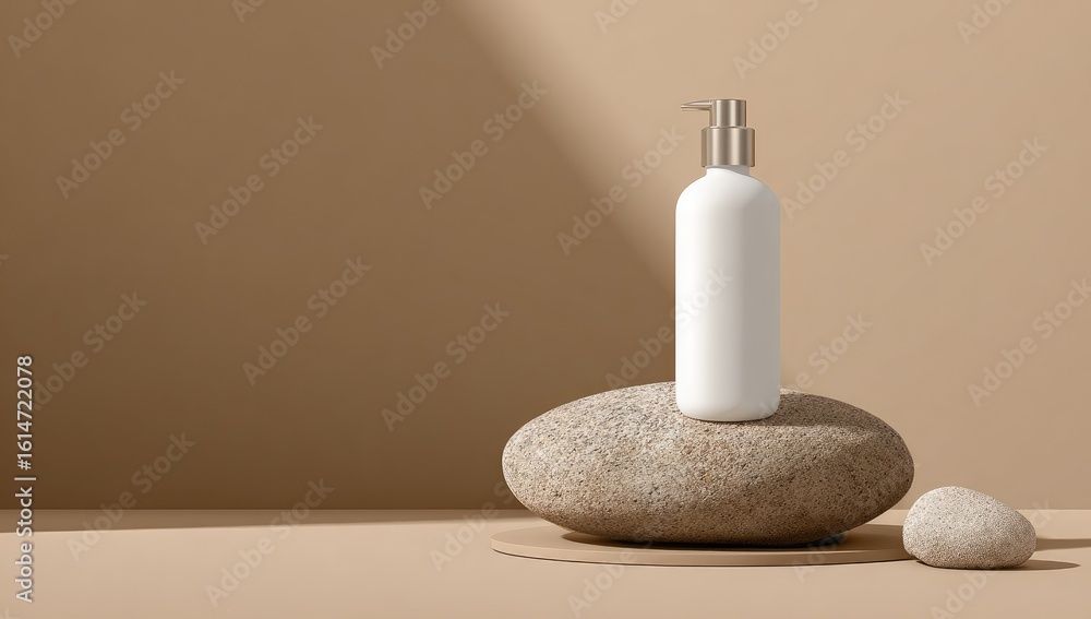 Beige backdrop with a white bottle and rocks Beige backdrop with a white bottle and rocks