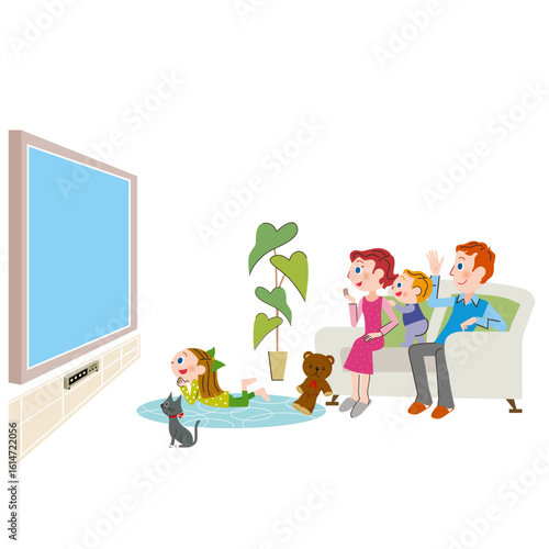 リビングのソファーに座ってテレビを見ている家族