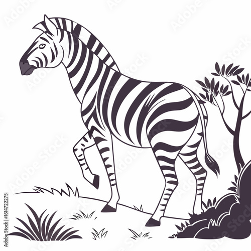 Isolated vector cartoon of a black and white striped zebra mammal standing in profile with hoofs