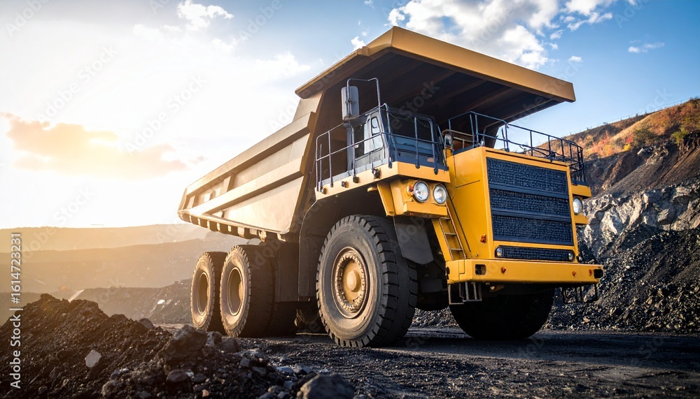 Fototapeta premium A colossal yellow mining dumper truck stands ready for work in a vast open-pit quarry against a bright sun.