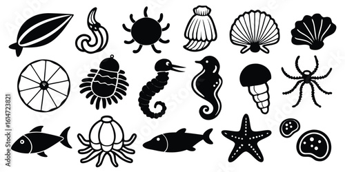 Wallpaper Mural Collection of marine life silhouettes including fish seahorses starfish shells and insects isolated on white background silhouette Torontodigital.ca