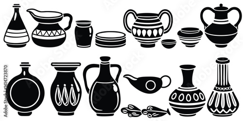 Collection of ancient greek pottery silhouettes isolated on white background