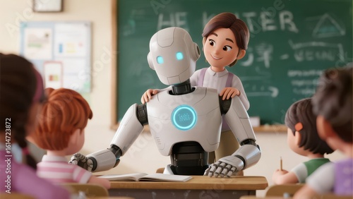 robot teacher with kids in a modern class