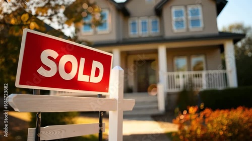 Sold sign on a wooden post in front of a blurred house at sunset, 4k video