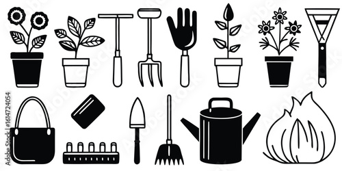 Collection of garden tools and potted plants in a silhouette isolated on white background