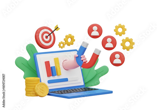 3d icon of a 3d cartoon laptop with a magnet attracting customers isolated on transparent background