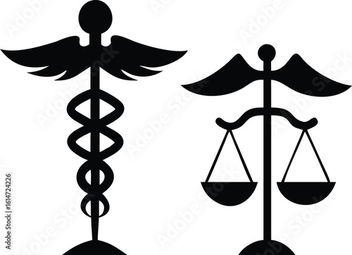 Black and White Caduceus and Scale of Justice Medical Legal Symbols Design