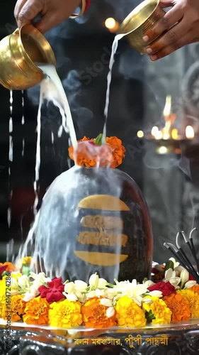 detailed close-up video of Shivling abhishek with milk, water, and belpatra in a traditional Shiva temple, soft diya light, mantras playing in the background, flowers and incense smoke rising slowly