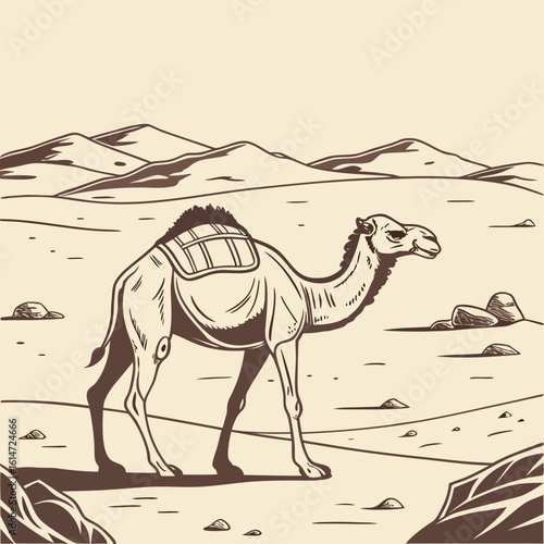 Desert camels silhouetted against a sunset, illustrating Arabian wildlife traveling through nature's sandy dunes