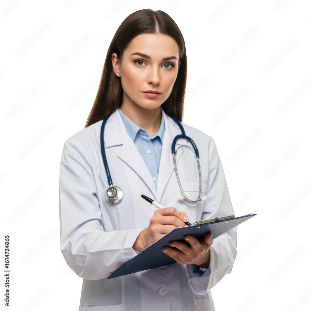 Professional female medical practitioner wearing a white lab coat and stethoscope diligently taking notes on a clipboard isolated on transparent background Professional female medical practitioner wearing a white lab coat and stethoscope diligently taking notes on a clipboard isolated on transparent background