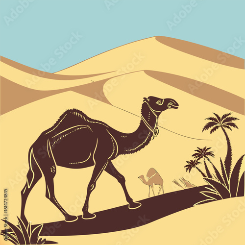 Arabian dromedary camels traverse the Sahara desert dunes at sunset, a serene silhouette of nature's summer travel