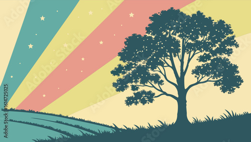 A serene landscape features a silhouetted tree against a colorful sunset sky with stars, creating a tranquil and idyllic countryside scene