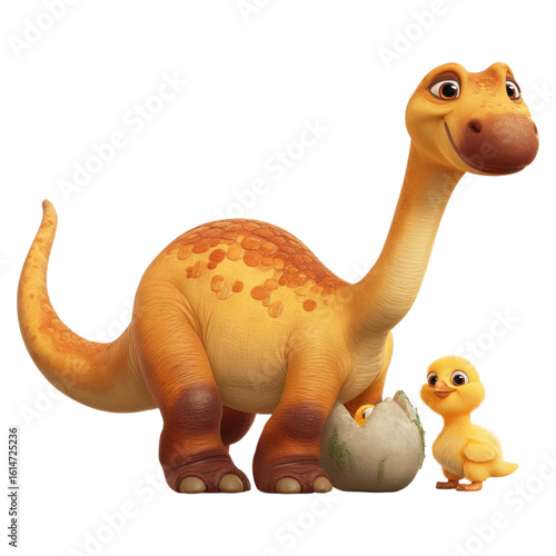 Cute Cartoon Maiasaura with Chick Peeking Out of Eggshell