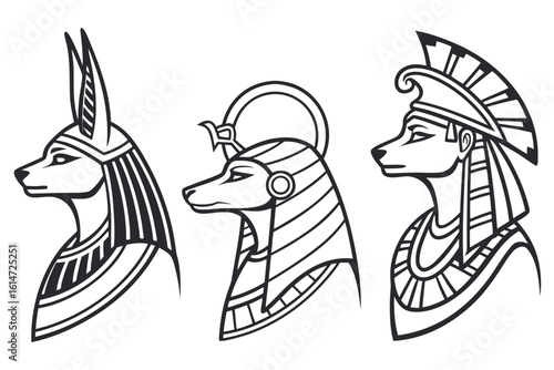 Three egyptian jackal god heads isolated on white background