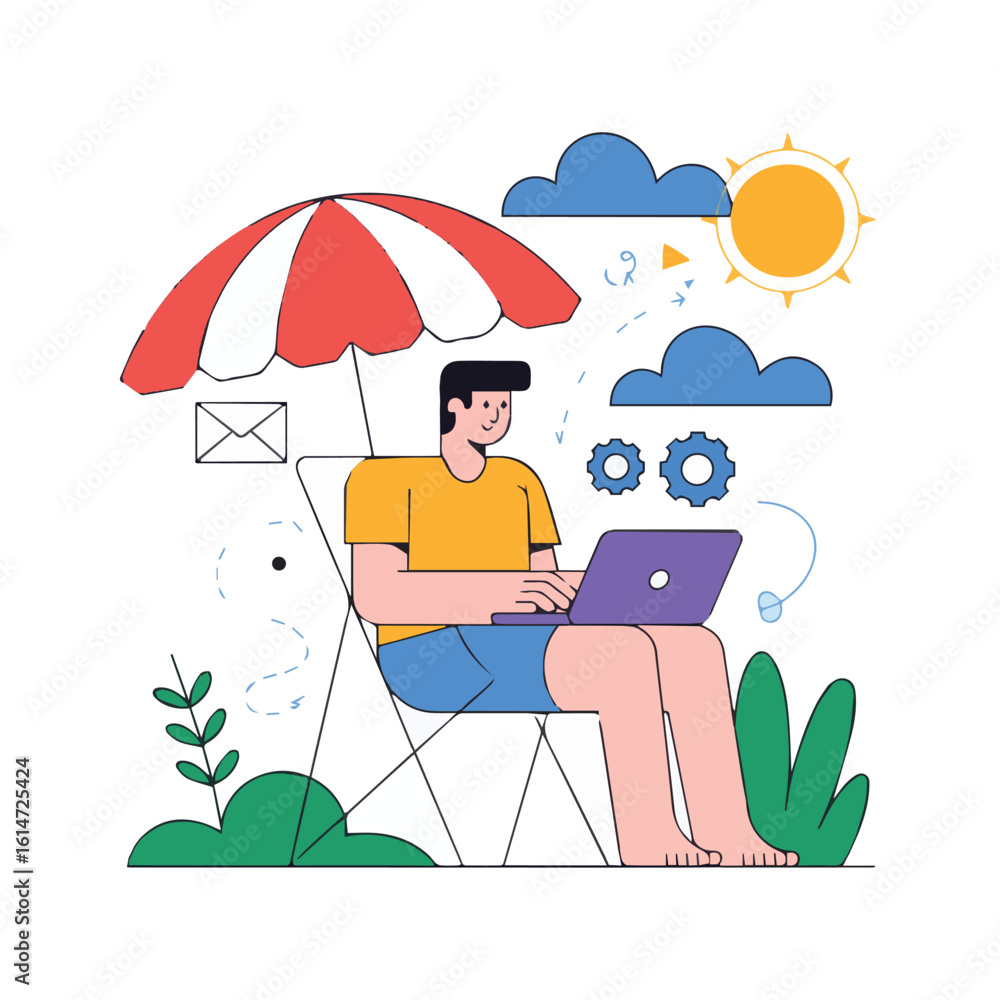 Fototapeta premium Man working on laptop under umbrella with sun clouds and gears in outdoor beach setting scene depicted