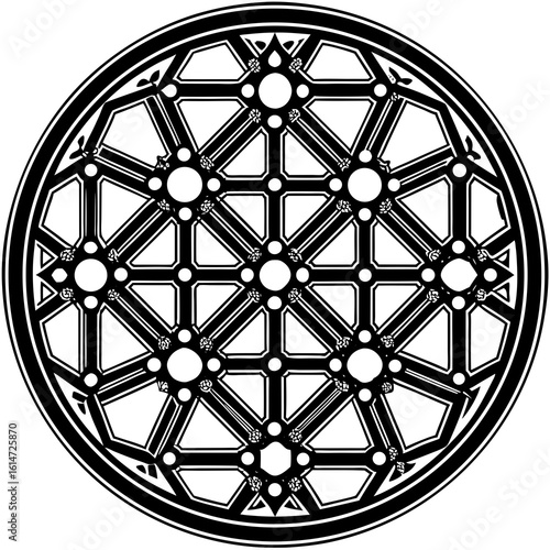 Geometric Pattern in Black and White with Circular Symmetry and Floral Accents