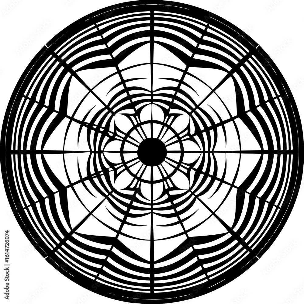 Obraz premium Abstract Black and White Circular Design with Radial Symmetry and Floral Elements