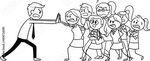 Cartoon manager stopping angry employees from pushing forward