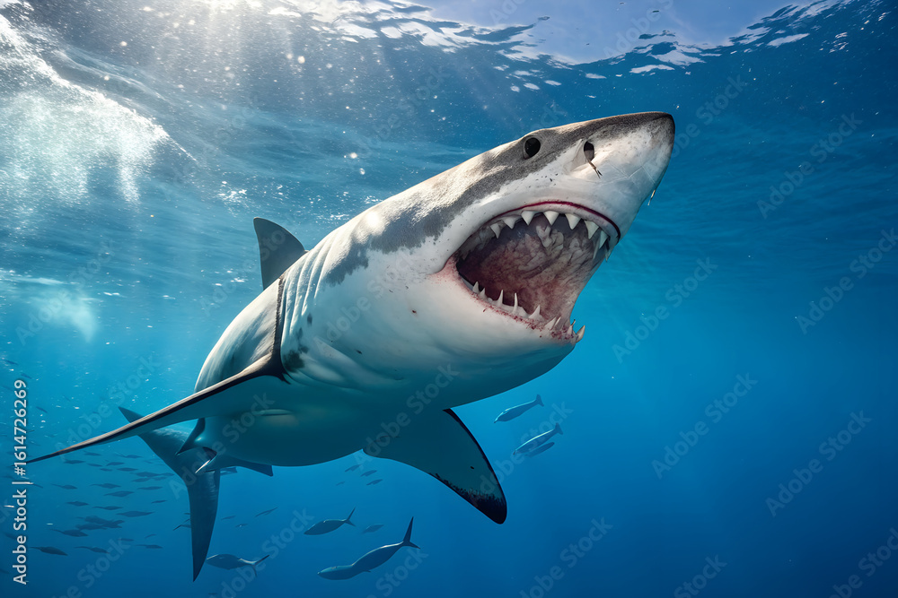Fototapeta premium Great White Shark in Deep Blue Ocean – Powerful Marine Predator in Natural Habitat.