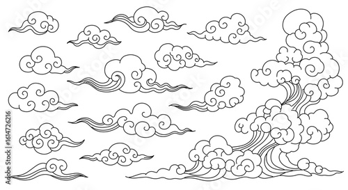 Chinese cloud vector elements set. Linear clip art oriental Japanese, Thai, Tibetan, Korean style clouds. Editable stroke. Vector illustration