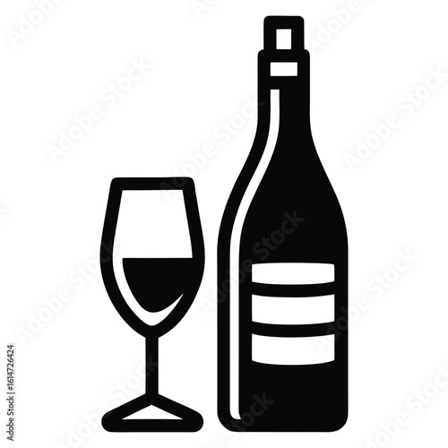 Black silhouette of wine bottle and glass with red wine glass beverage