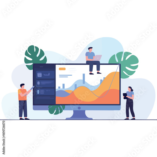 Illustration of people interacting with a large computer screen displaying data and charts in a modern style
