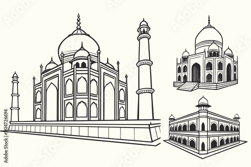 Taj mahal architectural sketches isolated on white background