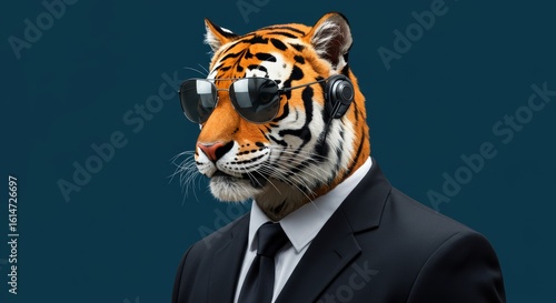 Cool tiger boss wearing sunglasses with suit and tie, looking serious and professional in a modern office