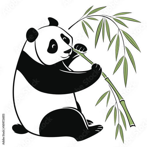 Cute cartoon giant panda bear eating green bamboo leaves in the wild