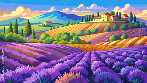 Fields of vibrant lavender bloom across a gentle hillside under a deep blue sky in the French countryside
