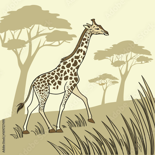 A tall, spotted wild giraffe stands in the grassy savannah, its long neck reaching towards nature