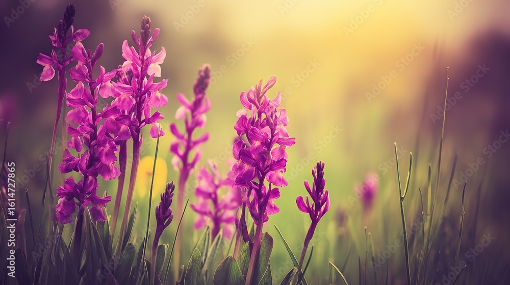 Naklejka premium Serene spring meadow with blooming flowers bathed in morning light, creating a peaceful natural setting.