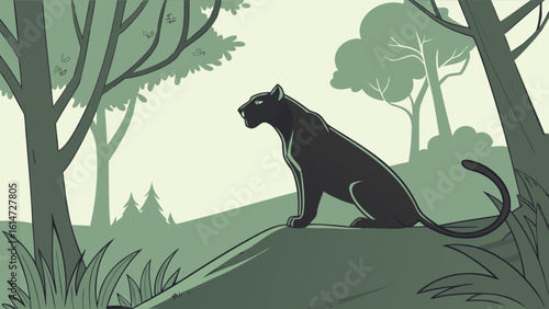 A sleek black panther sits majestically on a hill, its powerful form silhouetted against the lush green backdrop of the dense forest