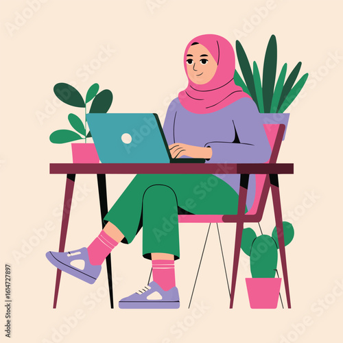 Illustration of a woman wearing a hijab sitting at a desk working on a laptop with plants around her