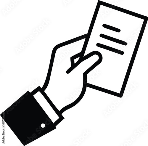 Black and White Line Art Depicts Hand Holding Document or Ticket Stub Illustration
